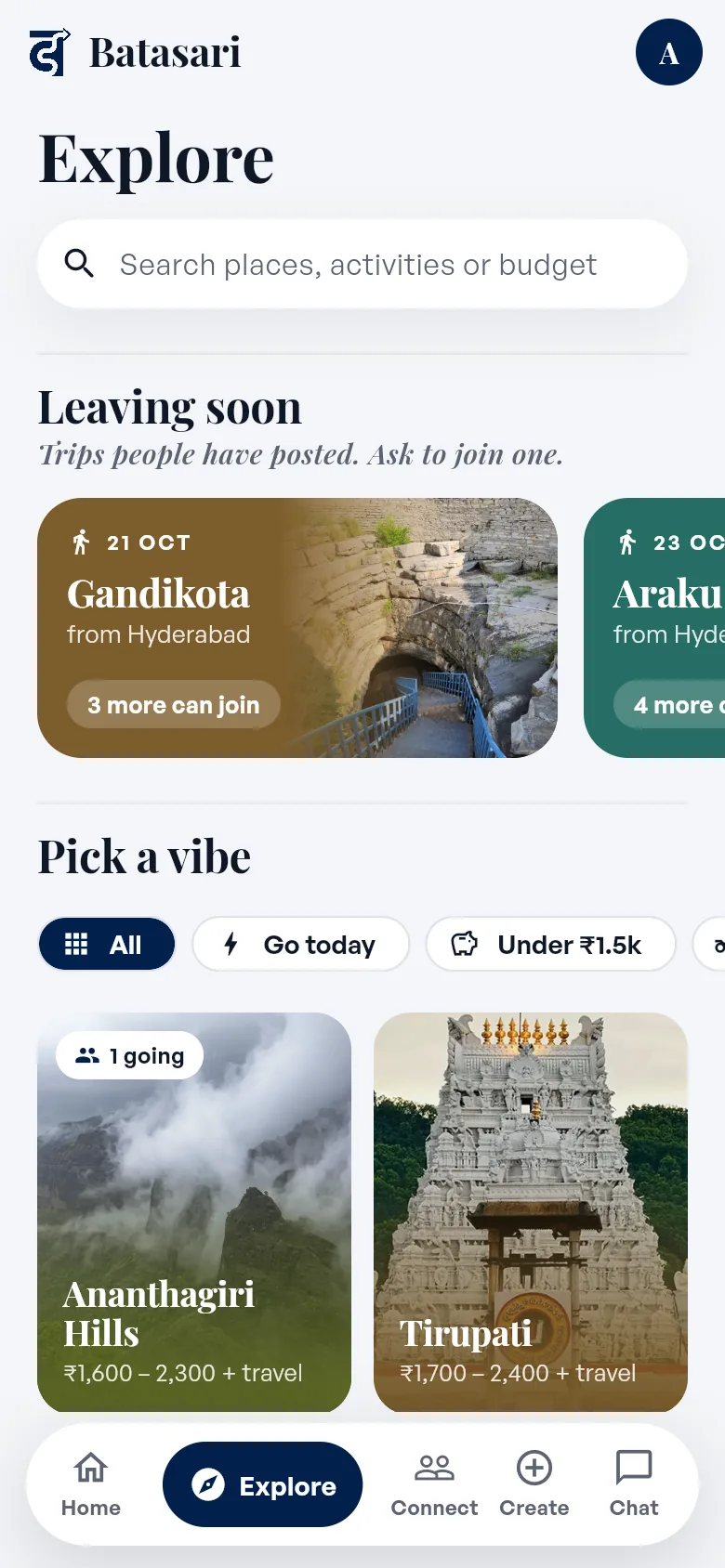 Explore screen with destination cards