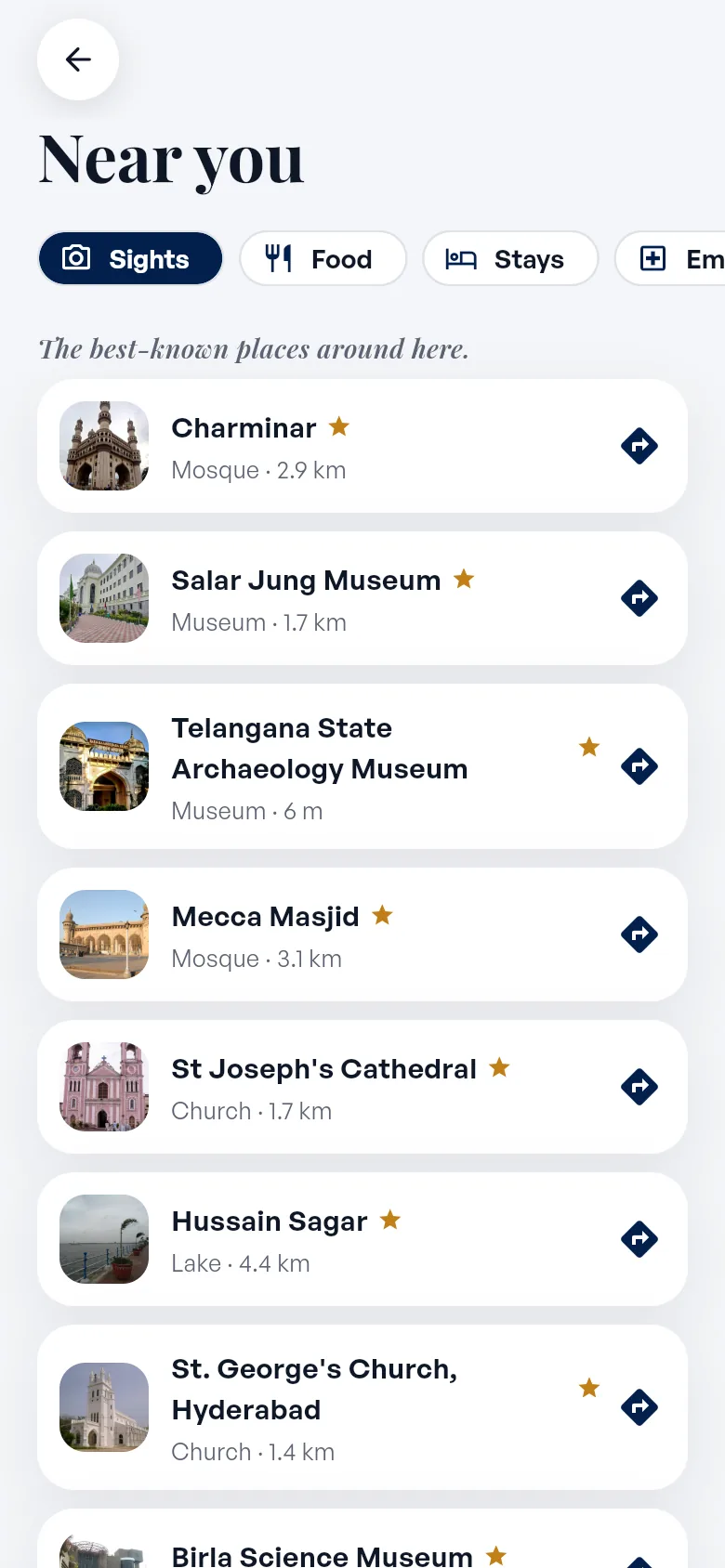 Nearby screen listing real sights around Hyderabad with distances